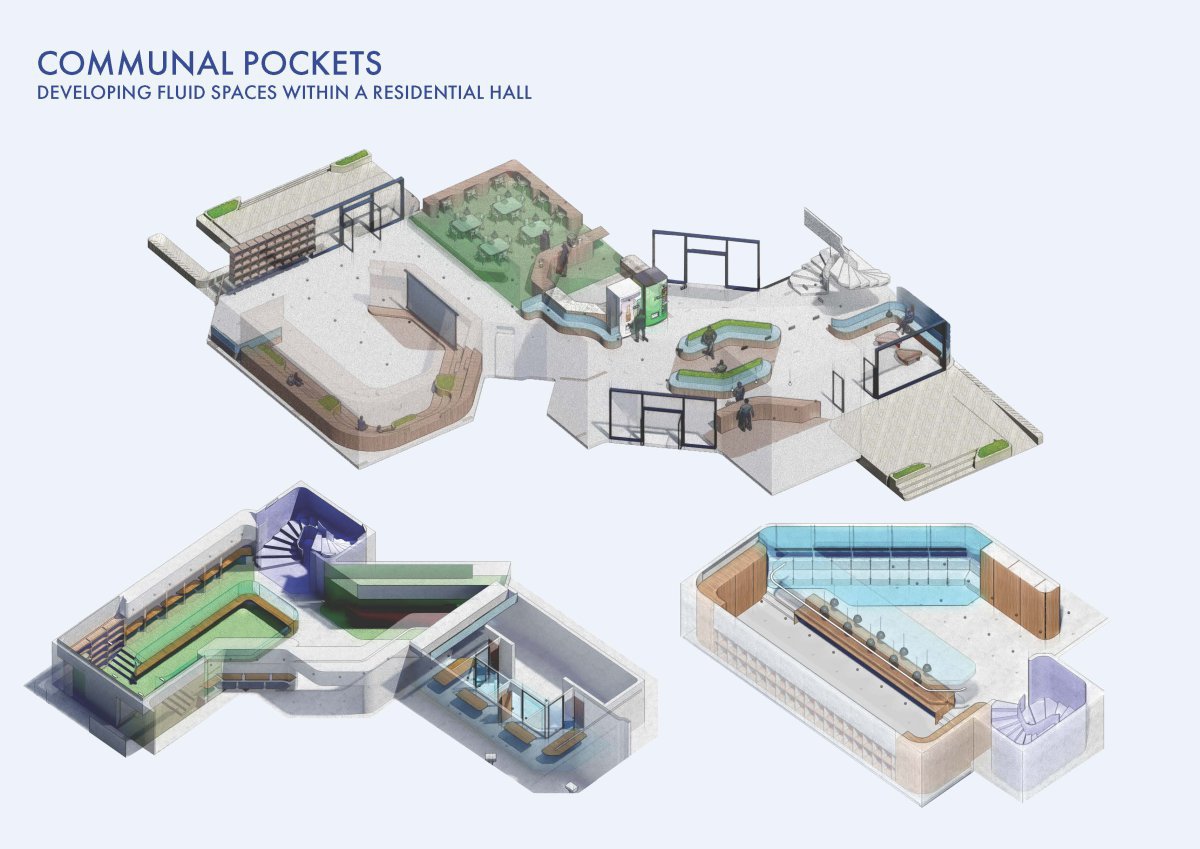 This design project, winner of the GUA (global undergraduate awards) highly commended, was focused on the redesign of an existing dormitory on our campus that lacked the amenities and communal elements that create dynamism on a campus, leading to a vacancy rate of over 50%. Our approach to the redesign of the hall featured an analysis of circulation and movement through the building, which is highly constrained by the existing geometry, having 45° and 90° angles throughout the space. The analysis and experiments with flow led to the creation of pockets of space which slow residents down and create areas of activity and social engagement. The softly curved and inward spiraling pockets include amenities that students require for a more convenient, functional, educational and fun quality of life.  The dorms are separated into two blocks, arranged around large courtyards and connected at the entrance lobby. Large and small communal spaces are distributed across the two courtyard blocks to create a more interactive living community where students from both blocks are encouraged to mix, meet and interact. The new design features a new lobby with lively commercial areas such as a student run cafe, enclosed seating areas which can be used for presentations, comfortable waiting areas for guests and multiple entrances to ease the commute from the dorm to the larger campus. Spiraling nooks and eddies are also used to provide different communal spaces throughout the rest of the dormitory. Formal spaces such as the library and informal spaces like a laundry/study room establish a range of spaces where students can interact and form relationships with their friends and peers.